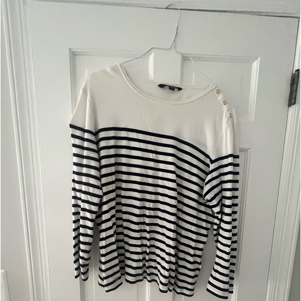 Ralph Lauren Lauren size 2X blue and white shirt with gold buttons at shoulder